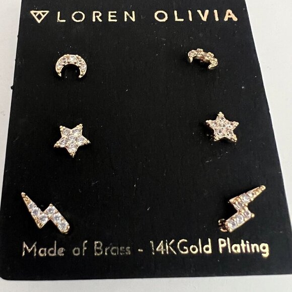 Nordstrom Iconic 14K Gold Celestial Earring Set Lightning Moon Star - Picture 5 of 6